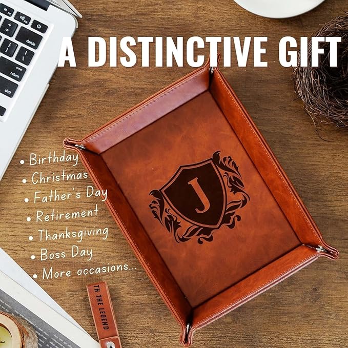 INNObeta Initial Valet Tray, Desktop Storage Organizer, PU Leather Bedside Tray Key Coin Holder, Personalised Gifts for Men, Birthday, Christmas, Letter E