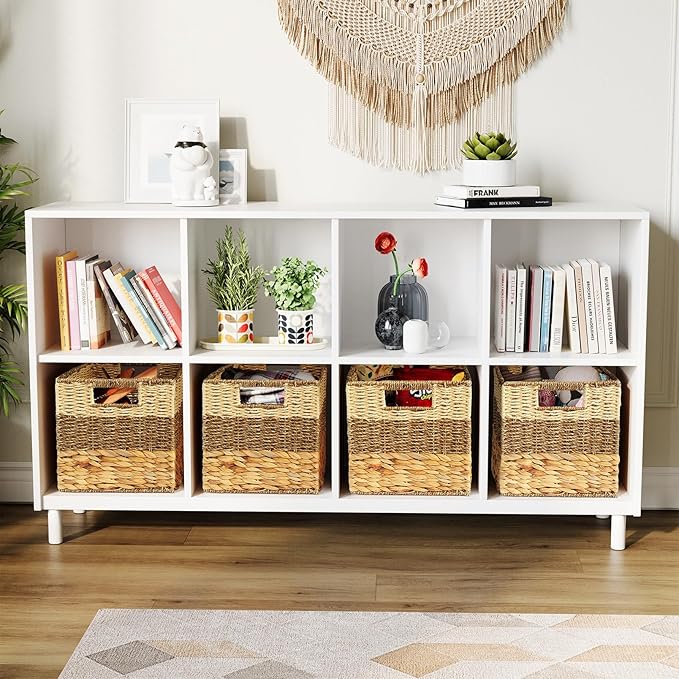 SpaceAid 4 Pack 3 Pattern Design Wicker Basket, Baskets for Organizing, Storage Rattan Basket with Handles for Shelves, Woven Cube Storage Bin Organizer, 10.5x10.5x10.5 inch, Natural