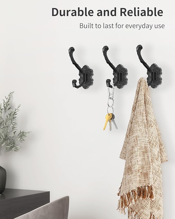 Vintage Coat Hooks Wall Mount, Unique Heavy Duty Wall Hooks for Hanging Towel Key Purse Hat Robe Clothes Decorative Hook for Bathroom Shower Closet Entryway Antique Black 3 Pack
