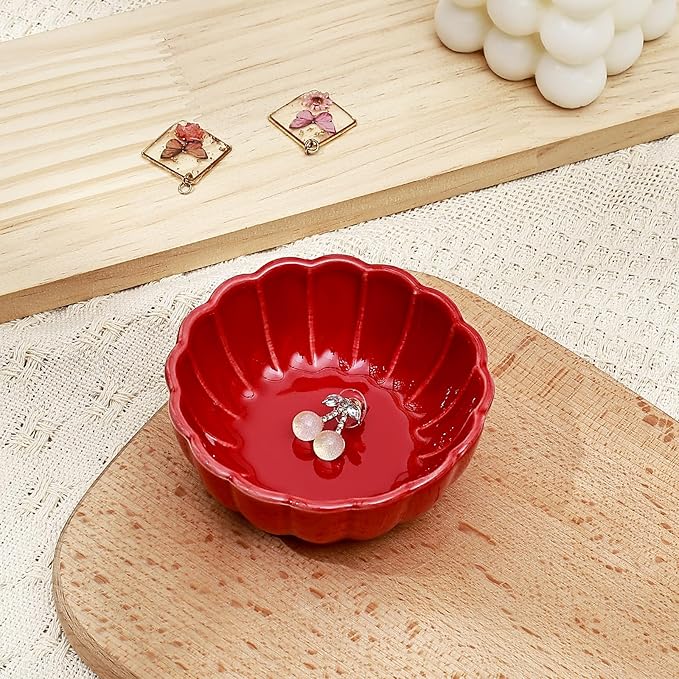 Koythin 2-Piece Small Trinket Dish, Ceramic Jewelry Ring Dish, Flower Key Holder Bowl for Women, Decorative Plate Tray for Dresser, Home Decor Organizer Trinket Tray (Round Petal Flower, Red)