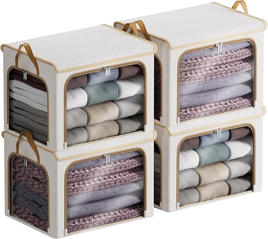 4 Pack Clothes Storage Bins with Metal Frame - 66L Stackable Storage Box with Lid，Foldable Storage Container Organizer for Clothes，Linen Fabric Storage Box with Clear Window＆Zippers＆Handles