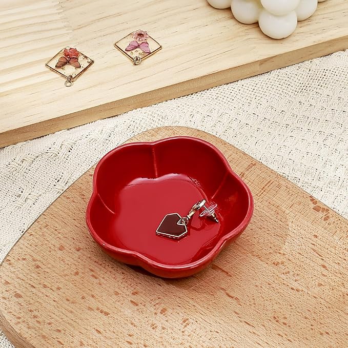 Koythin 2-Piece Small Trinket Dish, Ceramic Jewelry Ring Dish, Flower Key Holder Bowl for Women, Decorative Plate Tray for Dresser, Home Decor Organizer Trinket Tray (Five Petal Flower, Red)