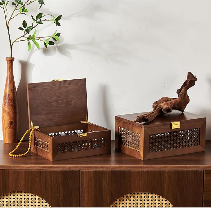 Decorative Rattan Storage Boxes Solid Wood Woven Baskets Bins with Lid Keepsake Memory Jewelry Box Natural Boho Shelf Wicker Closet Desk Organizer Container (Walnut Color, Small Size)