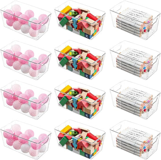 12 Pack Clear Plastic Storage Bins, Multi-Use Small Acrylic Arts and Craft Storage Containers, Clear Craft Organizer Bins with Handles for Art Supplies, Office, Pantry, Kitchen