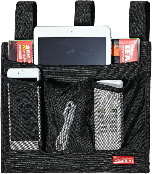 Linen Bedside Caddy, Bedside Storage Organizer for Hospital Beds, College Dorm Rooms or Baby Bed (Classic 4 Pockets Black)