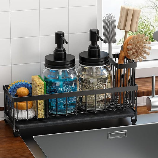 Mason Jar 16 oz Liquid Soap Dispensers Set with Large Kitchen Sink Caddy, Black Rustproof Stainless Steel Pump, Refill Hand Soap, Dish Soap, Vintage Farmhouse Decor for Bathroom, Kitchen