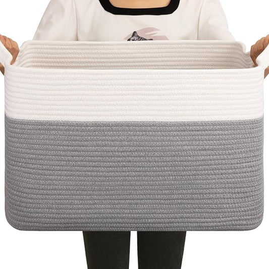OIAHOMY Large Storage Basket, Cotton Rope Woven Blanket Basket, Toy Bin for Baby Room, Container for Blanket Storage in Living Room, 20''×16''×12'', Grey & White