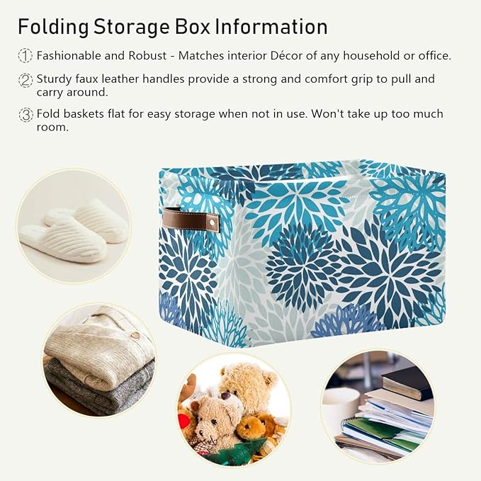 susiyo Large Foldable Storage Bin Blue Navy Chrysanthemum Flowers Fabric Storage Baskets Collapsible Decorative Baskets Organizing Basket Bin with PU Handles for Shelves Home Closet Bedroom-2Pack