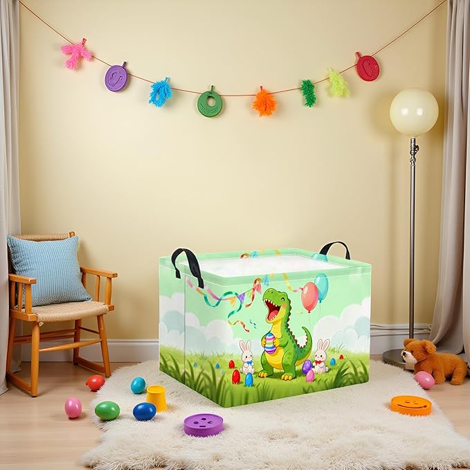 Rectangular Easter Basket for Home Kitchen Baby Girls Basket Cute Storage Bin Organizer Shelf Book Room Decor(Happy Dinosaur)