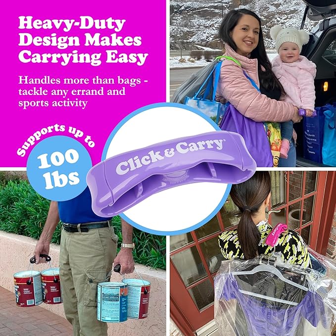 Click & Carry Grocery Bag Carrier Handle - Carry More in Fewer Trips, 100lb Capacity, Hands-Free, Gel-Padded Ergonomic Design, Shopping & Grocery Bag Holder - As Seen On Shark Tank, Purple, 1 Pack