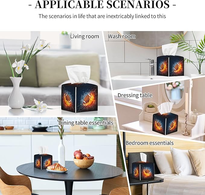 American Football in Fire and Water Tissue Box Cover Leather Tissue Box Holder Square Facial Paper Organizer Dispenser for Bathroom Kitchen Bedroom Vanity Countertop Night Stands