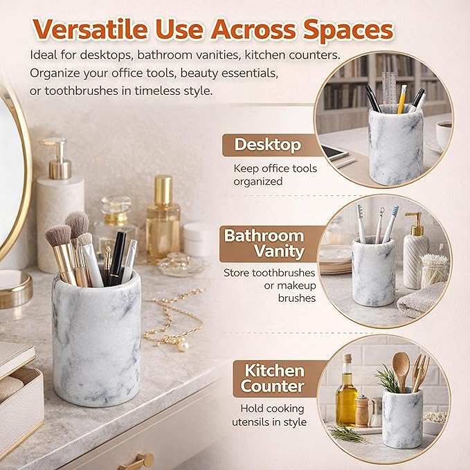 Creative Home Solid Natural Marble Pen Holder â Heavyweight Pencil Cup Organizer for Desk, Vanity, or Bathroom, 3.3" Diameter x 4.5" Height, Off-White with Unique Stone Patterns