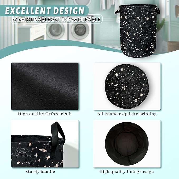 Moon and Stars Laundry Basket Foldable With Handles Colorful Tote Bag Oxford Cloth Funny Galaxy Laundry Hamper Clothes Storage Bucket Toy Organizer 18.9"x16.5" For Bathroom/Laundry/Bedroom