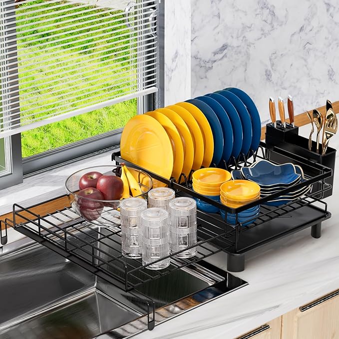 Expandable Dish Drying Rack - Stainless Steel Dish Rack for Kitchen Counter, Space Saving Dish Drainer w Utensil Holder, Drainboard(A-Black)