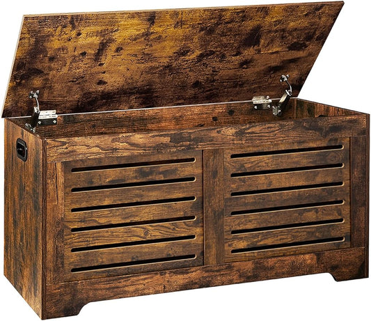 DINZI LVJ Storage Chest, 39.4âWooden Toy Box with 2 Safety Hinges, Retro Entryway Shoe Storage Bench with Flip-Top, Sturdy Large Storage Trunk for Living Room, Bedroom, Easy Assembly, Rustic Brown