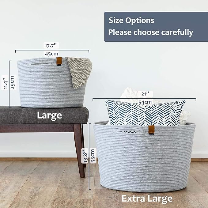 DENJA & CO Extra Large Woven Basket for Storage | Organize Pillows, Toys, and Laundry | Cotton Rope Storage Basket for Blankets, Towels and Nursery Storage | Light Gray (21 inches x 13.8 inches)