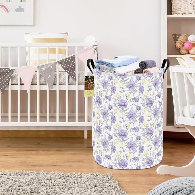 HUNRUNG Laundry Hamper,Large Canvas Fabric Lightweight Storage Basket Toy Organizer Dirty Clothes Collapsible Waterproof for College Dormsï¼Round-Purple Flowersï¼