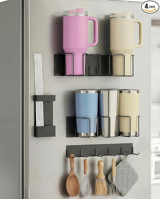 Magnetic Cup Holder for Fridge (4-Piece Set) – Compatible with Stanley Quencher H2.0 & Yeti 20–40oz – Heavy Duty 18LB Anti-Slip Magnetic Organizer with Straw Holder & Hook Rack for Kitchen, Garage