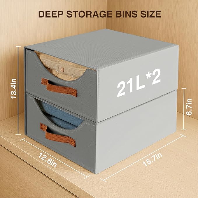 Stackable Storage Drawers - Large Collapsible Storage Bins with Drawers, 6 Pack Closet Shelf Organizer Basket, Fabric Pull Out Organizer for Bedroom, Living Room, Dorm, Grey