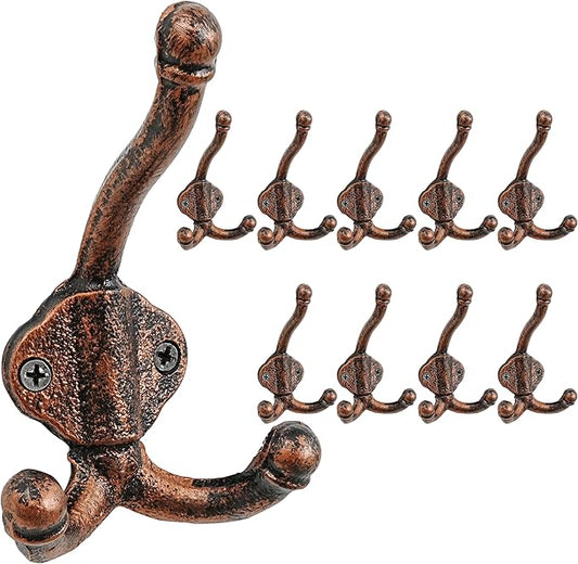 Dseap Cast Iron Wall Hooks L=5”, Heavy Duty Coat Hooks, Rustic Vintage Farmhouse Hook for Hanging Winter Coats Jackets Towels Hats Bags Plants, Antique Copper, Pack of 10 (GripBold)