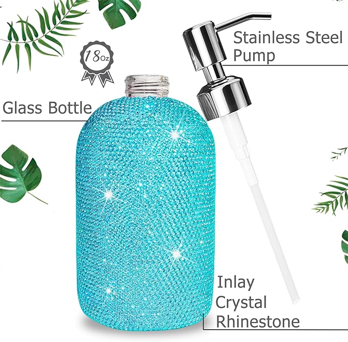 SlowVibes 18Oz Bling Blue Soap Dispenser with Rust Proof Stainless Steel Pump,Refillable Liquid Hand Wash Bottle for Bathroom Kitchen,Sparkle Decorative Shower Dispenser,Rhinestone Lotion Dispenser