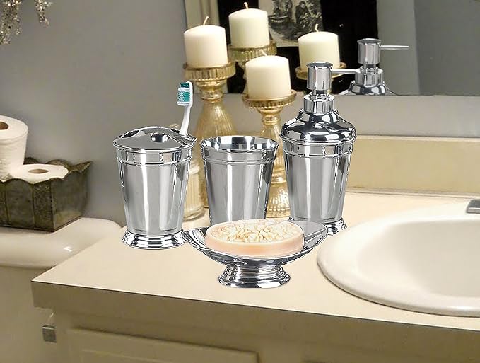nu steel Timeless 304 Stainless Steel Bath Accessory Set for Vanity Countertops,4 Piece Luxury Ensemble Includes Dish,Toothbrush Holder,Tumbler,soap and Lotion Pump, Chrome Plated