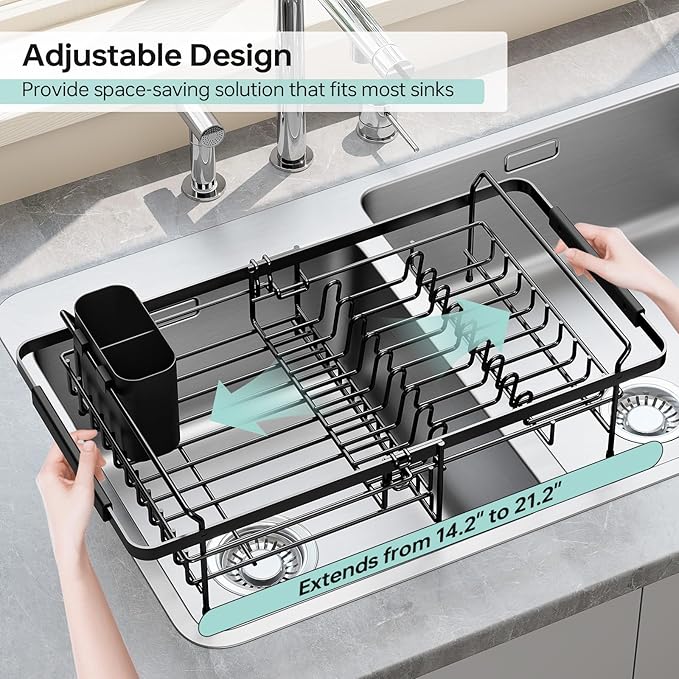 Dish Drying Rack in Sink - Expandable (14.5''-18''L) Over The Sink Dish Rack with Utensil Holder, Space-Saving Dish Drainer for Kitchen Counter, 1 Piece, Matte Black