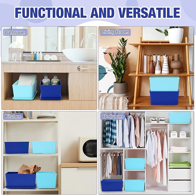 Menkxi 6 Pcs Storage Bins with Lids Small Plastic Storage Containers Stackable Storing Baskets Box Cute Organizer Bins for Organizing Shelves (Blue Series)