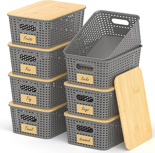 Stackable Storage Basket: Plastic Baskets Bins, Baskets for Organizing, Pantry Decorative Containers for Closets, Cabinets, Shelves(8 Pack, Grey)