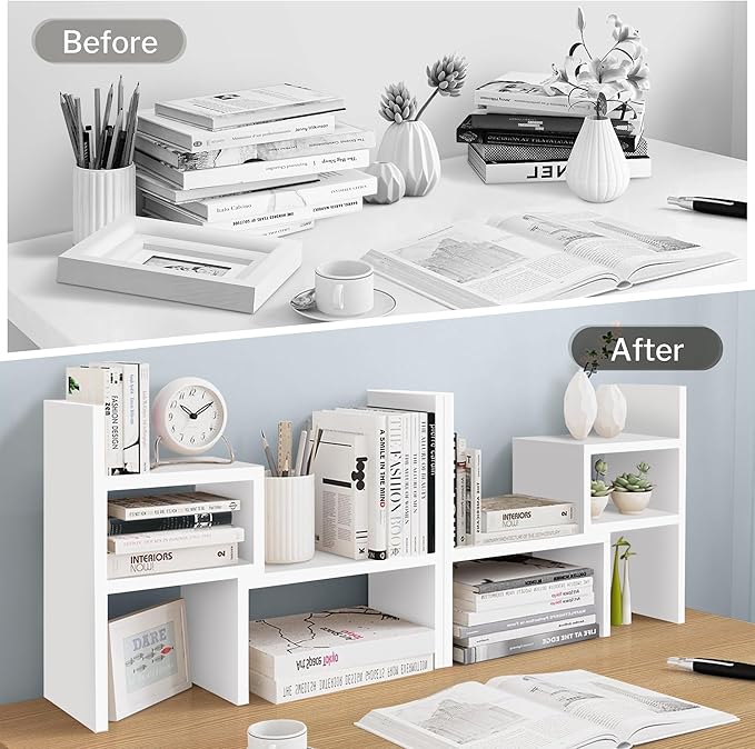 Jerry & Maggie Desktop Organizer Office Storage Rack Adjustable Wood Display Shelf Birthday Gifts Toy Home Decor Free Style Rotation Display True Natural Stand Shelf (White/2 Pack)