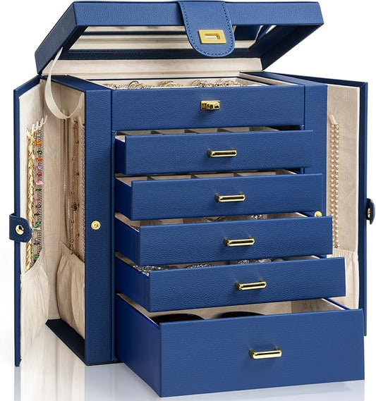 AKOZLIN Large Jewelry Box Organizer Functional with Big Mirror, Leather Jewelry Storage Case for Women Girls Ring Necklace Earring Bracelet Holder Organizer Blue