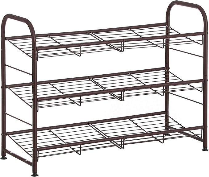 SONGMICS Shoe Rack, 3 Tier Shoe Organizer for Closet, Holds up to 12 Pairs of Shoes, Shoe Rack for Front Door Entrance, Metal Shoe Shelf with Adjustable Tilt Angle, for Entryway, Garage, Bronze