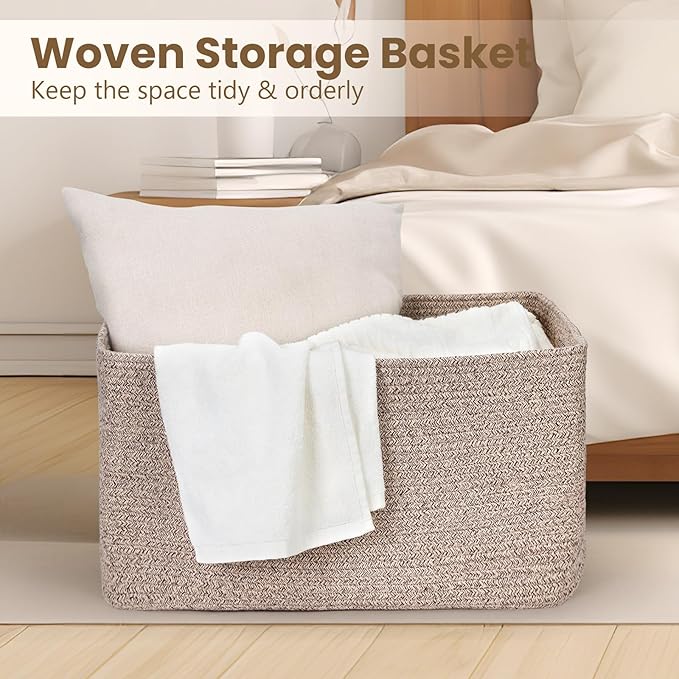 75L Large Blanket Basket, Woven Storage Baskets with Reinforced Handles, Rope Laundry Basket for Living Room, Bedroom, Nursery, Toys, Clothes,Pillows, 22â x 17â x 11.5â, Brown