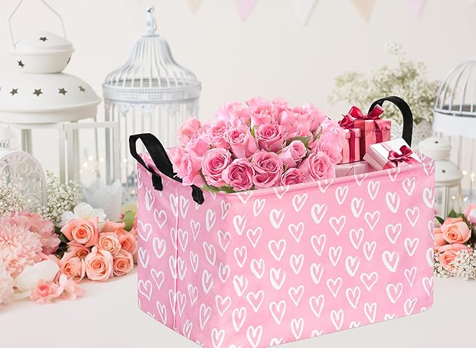 Rec Heart Print Box Hamper Storage Basket Collapsible Organizer Bin Gift Shelf Baskets for Home and Kitchen Storage