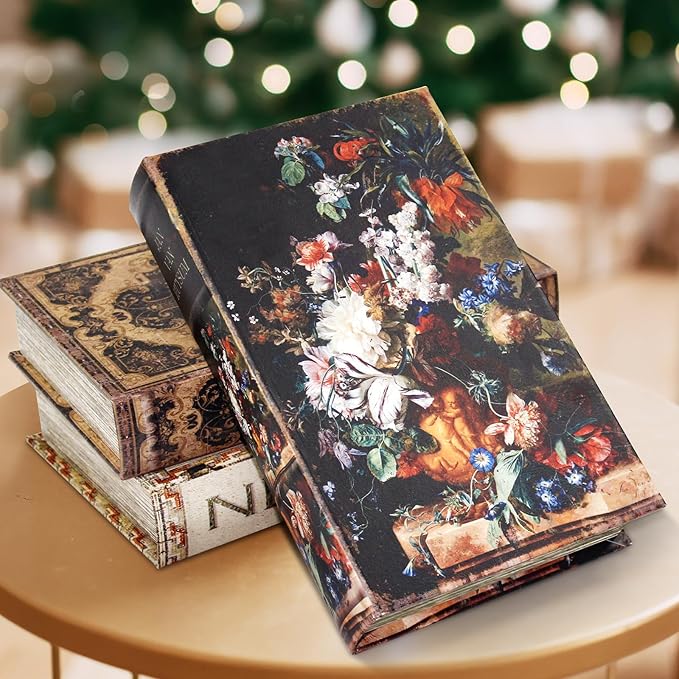 Book Box Decorative Storage Box,Fake Books for Home Decoration,Faux Wood with Magnetic Close Storage for Hidden Jewelry,Photos, Greeting Cards,Remotes, Oil Painting M Size Box -5-01