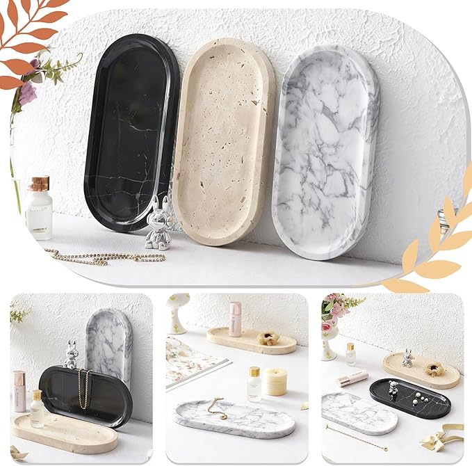 Natural Marble Tray, White Stone Tray, Vanity Decorative Tray for Countertop, Catchall for Perfume, Candles, Skincare, Jewelry Dish, Bathroom Tray, Hotel Supplies