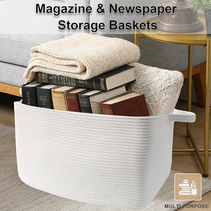 Magazine & Newspaper Baskets,65L Large Woven Rope Blanket Basket,21"x16"x12"Storage Bin with Handle,Toys Storage,Laundry Basket for Home Organization/Living Room/Nursery/Bedroom,White