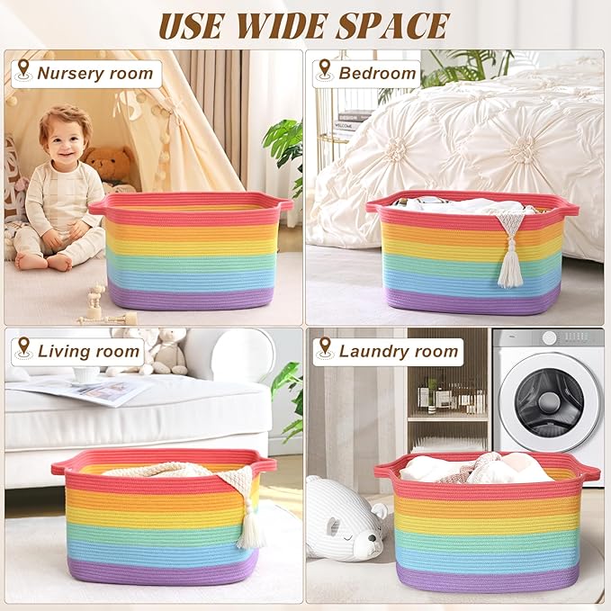 Large Blanket Basket, 100L Storage Baskets for Organizing, Woven Laundry Basket for Blankets, Cotton rope Blanket Storage for Living Room, Nursery Room, 24.8"L x 15.74"W x 15.74"H, Rainbow