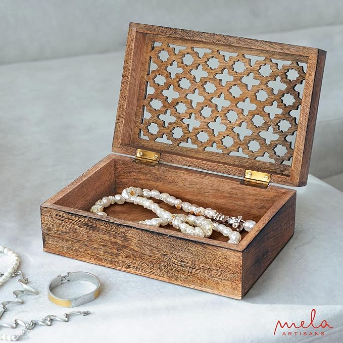 Mela Artisans Large Wooden Keepsake Box | Medium Burnt Memory & Decorative Storage Box for Jewelry, Photos & Trinkets with Hinged Lid | Vintage Storage Box |Trellis Design | 9 x 6 x 3.5