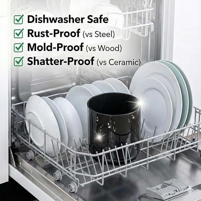 Cooler Kitchen Jumbo Extra Large Sturdy Rotating Black Utensil Holder Caddy with No-Tip Weighted Base, and Gripped Insert - Rust Proof and Dishwasher Safe Kitchen Utensils Holder