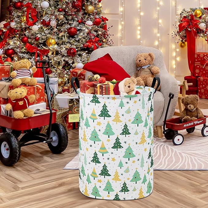HUNRUNG Laundry Hamper,Large Canvas Fabric Lightweight Storage Basket Toy Organizer Dirty Clothes Collapsible Waterproof for College Dormsï¼Round-Green treeï¼