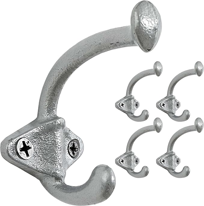 Dseap Cast Iron Wall Hooks, Heavy Duty Coat Hooks, Rustic Vintage Farmhouse Hook for Hanging Winter Coats Jackets Towels Hats Bags Plants, Silver, Pack of 5 (ShldCast)