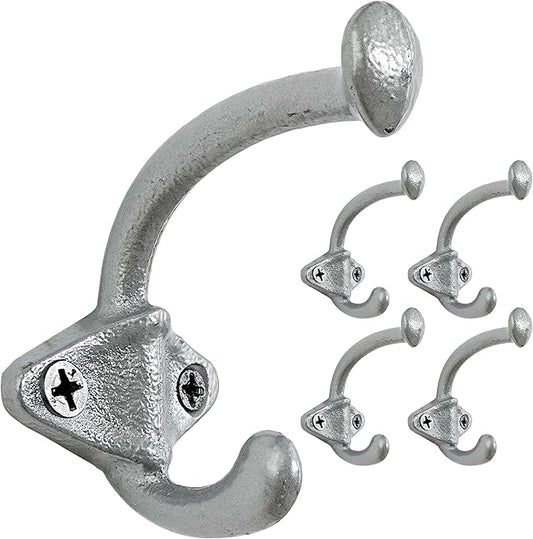 Dseap Cast Iron Wall Hooks, Heavy Duty Coat Hooks, Rustic Vintage Farmhouse Hook for Hanging Winter Coats Jackets Towels Hats Bags Plants, Silver, Pack of 5 (ShldCast)