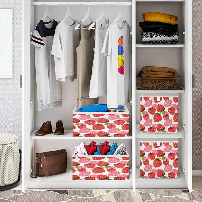 Blueangle Beautiful Strawberry Cube Storage Bin, 11 x 11 x 11 in, Large Collapsible Organizer Storage Basket for Home Décor