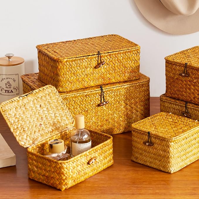 Wicker Storage Box with Lid, Handwoven Baskets for Storage, Rectangle Decorative Baskets Bins Container for Shelf Organizing Home, Set of 3, Natural