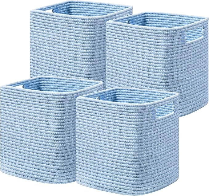 UBBCARE Set of 4 Cotton Rope Basket 13 X 13 X 13 Inches, Woven Storage Baskets for Shelves, Organizing with Handles, Cube Storage Bins for Storage Books, Magazines, Blue