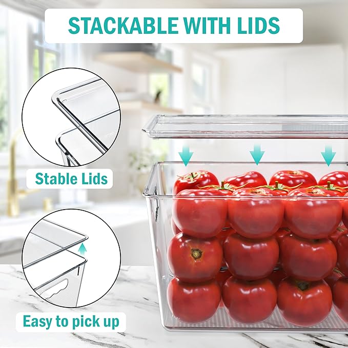 YAN & HIN Clear Storage Bins with Lids Organization and Storage, Pantry Organizers, Stackable Storage Bins, Great Organizer Bins for Pantry, Bathroom, Kitchen, Fridge and Closet