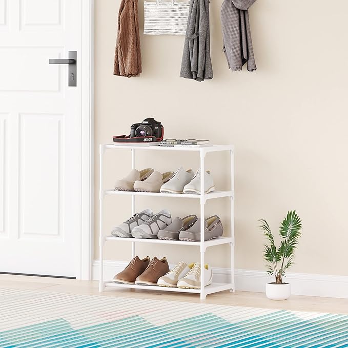 4-Tier Small Shoe Rack .Stackable Shoe Shelf Storage Organizer for Entryway Hallway Closet Bathroom Living Room (1-White)