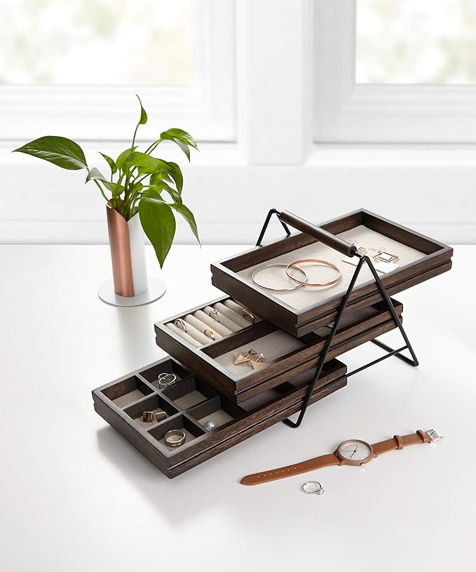 Umbra 1004037-048 Terrace Jewelry Tray â Three-Tier Jewelry Tray With Three Sliding Linen Lined Wood Trays With Metal Frame and Handle, Easy Storage and Access, Black/Walnut Finish