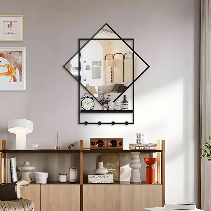 WONSTART Black Entryway Mirror with Hooks, 26" X 30" Wall Mirror with Hooks, Bathroom Mirror with Shelf, Rectangular Framed Wall Mirror with Shelf and Hooks